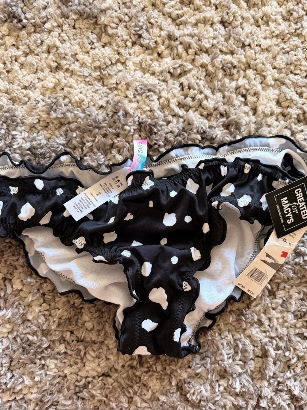 Macy's Black and White Heart-Print Ruffle Bikini Bottoms